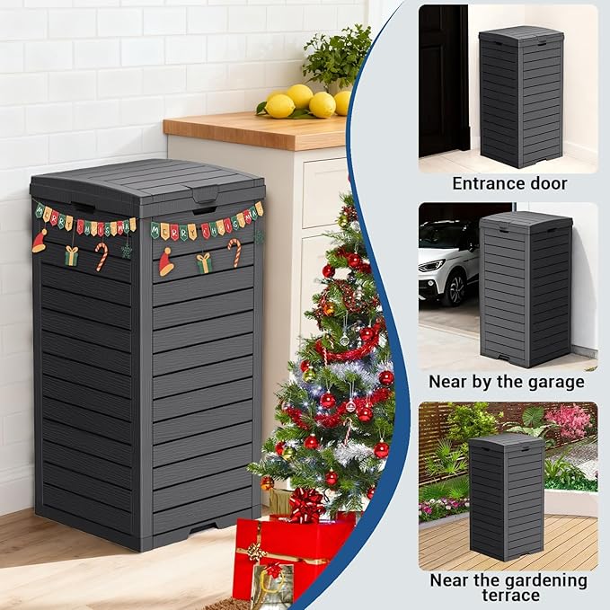 31 Gallon Double-Lid Outdoor Trash Can with Leak-Proof Slide Tray, Weatherproof Resin Waste Bin for Patio, Garden, Indoor and Backyard, Black
