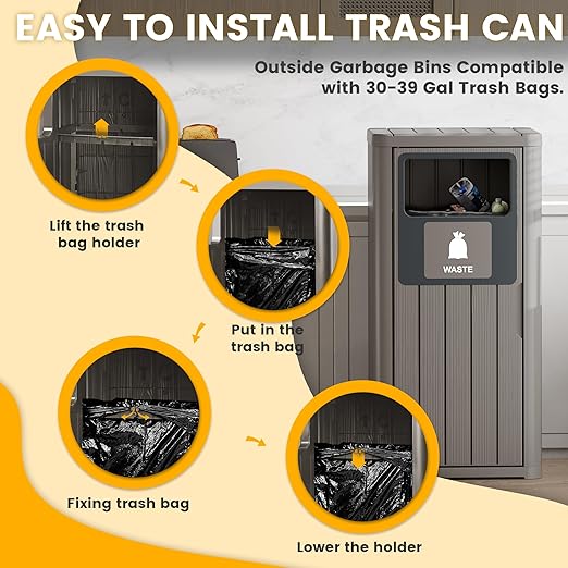 Outdoor Trash Can Waterproof Resin Garbage Can with Garbage Labels Outdoor Trash Bin for Patio, Garden,Kitchen