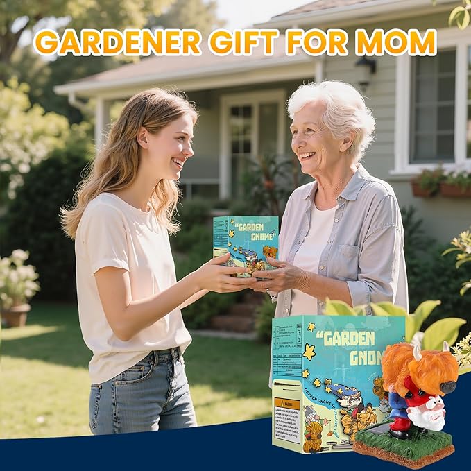 Garden Gnome Statue Highland Cow Gift,Yard Patio Balcony Outdoor Decor Solar Light Figurine, Christmas, Housewarming Gift,Idea Gift for Mom, Neighbor,Gnome Lover