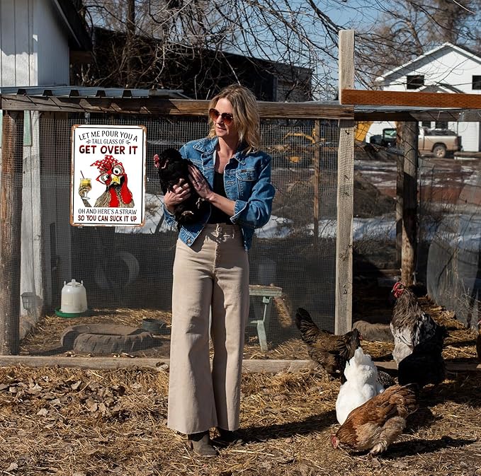 Funny Chicken Gifts Chicken Let Me Pour You A Tall Glass of Get Over It Tin Sign for Home Farm Chicken Coop Farmhouse Kicthen Garden Decor 8 X 12 Inch (3188)
