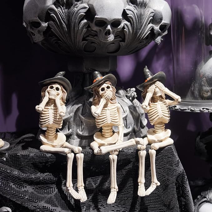 Halloween Statues No-Evil Skeleton Collectible-Figurines - Realistic Skeleton Halloween Decorations Indoor See Speak Hear No Evil Resin Witch Table Decor Set of 3, 2.5*5.5*4.5 inch Newman House Studio
