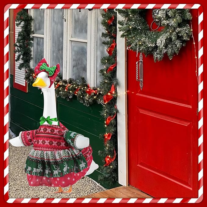 Christmas Porch Goose Outfits for 23 Inch Lawn Statue, Ugly Sweater Costume for Plastic/Cement Statue, Duck Sculpture Clothes for Xmas Winter Yard Patio Party Decoration