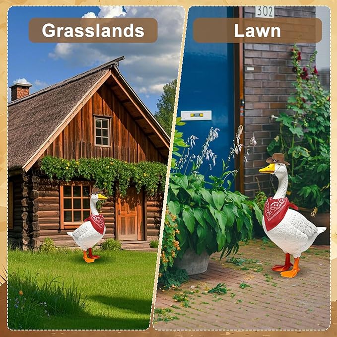 Porch Goose Outfits Western Cowboy Style, Lawn Cement Goose Clothes Outfits for Cement Goose Includes Adjustable Cowboy Hat and Scarf for 23/17″ Outdoor Statue (Brown,Red)