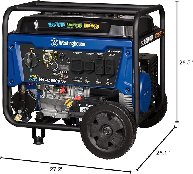 Westinghouse 12500 Peak Watt Tri-Fuel Home Backup Portable Generator, Remote Electric Start, Transfer Switch Ready, Gas, Propane, and Natural Gas Powered