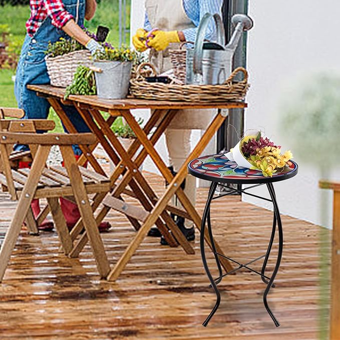 MUMTOP Side Patio Tables-Mosaic Outdoor Side Table - 14’’ Symmetrical Pattern Glass Accent Round End Table, Plant Stand Indoor Small Coffee Table for Garden or Living Room Decor