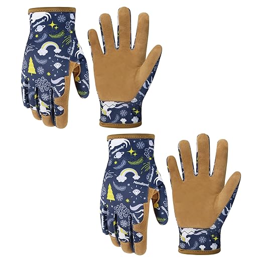 HANDLANDY 2 Pairs Kids Genuine Leather Gardening Gloves for ages 3-11, Children Toddler Work Outdoor Playing Gloves for Boys Girls Gift (Large (for age 8-11), Blue)