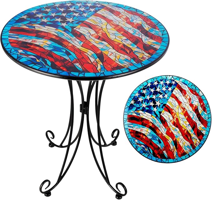 18" Outdoor Side Table, American Flag Metal Accent Table, Indoor Small Round End Tables, Plant Stand Tables for Outside Yard Balcony Garden Bedside