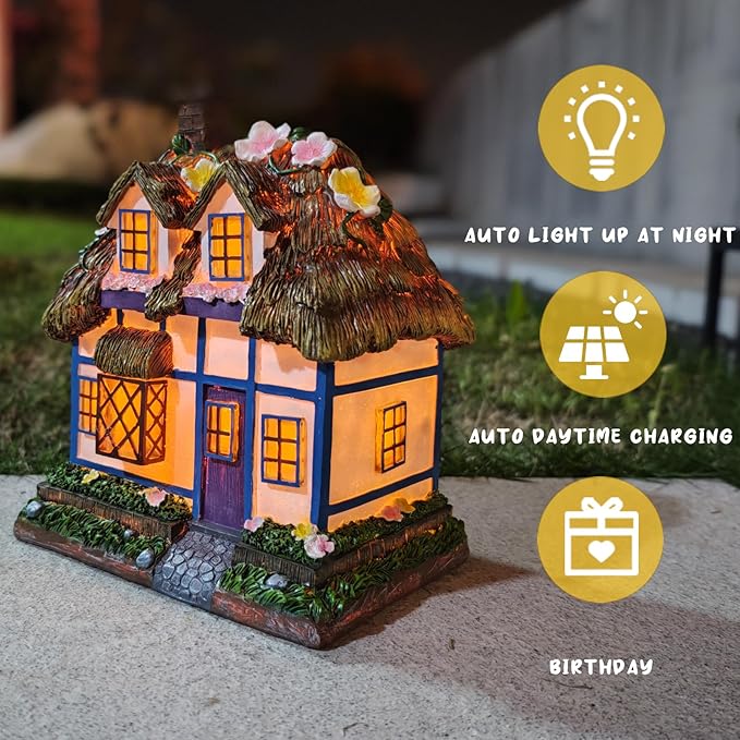 Prospect Thatched Cottage, Solar Statue Lights Mushroom Fairy House, Garden House Statues, Outdoor Memorial Ornaments Waterproof Decoration for Outside Patio Yard Lawn Decor