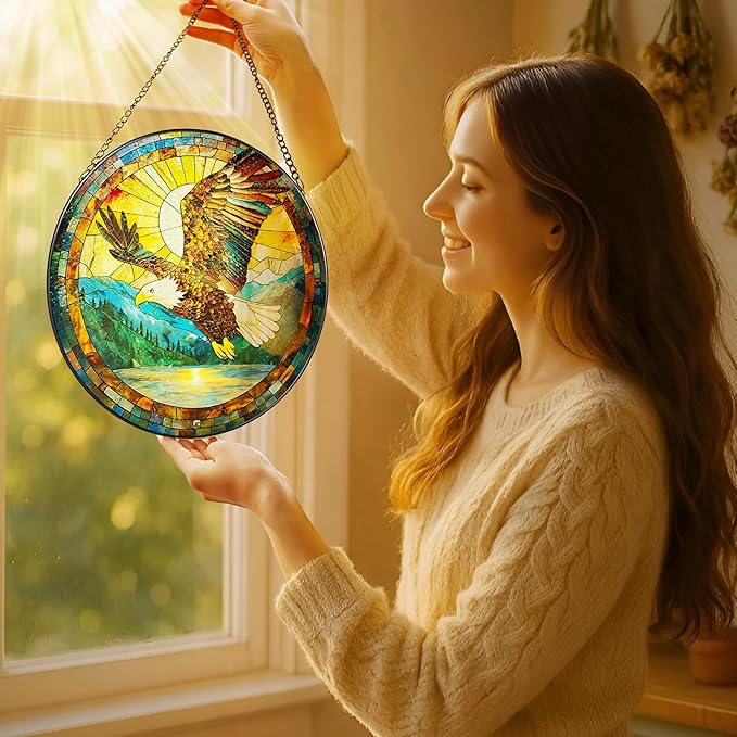 Bald Eagle Sun Catcher, 8 Inch Stained Glass Suncatcher, Stained Glass Window Hanging, Bald Eagle Indoor Decor, Idea Gift, Gift Exchange