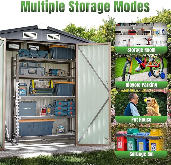 Aoxun 6'x4' Outdoor Metal Storage Shed with Lockable Door- Ideal for Tools, Garden Equipment & Bikes, Perfect for Patio Placement(Base Included/Brown)
