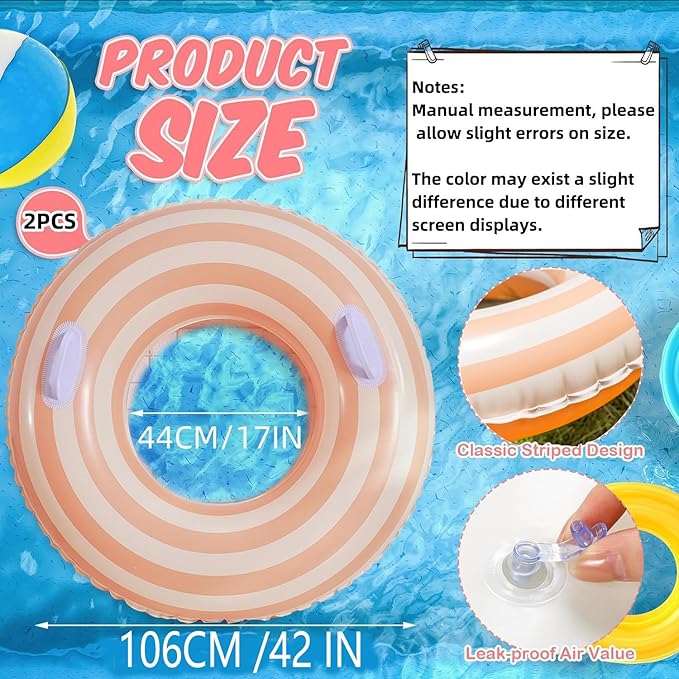 2 PCS Striped Pool Floats for Adults Swimming Rings Tube with Handles -Inflatable Pool Float Tube for Adults Pool Floats for The Beach, Party, Vacation