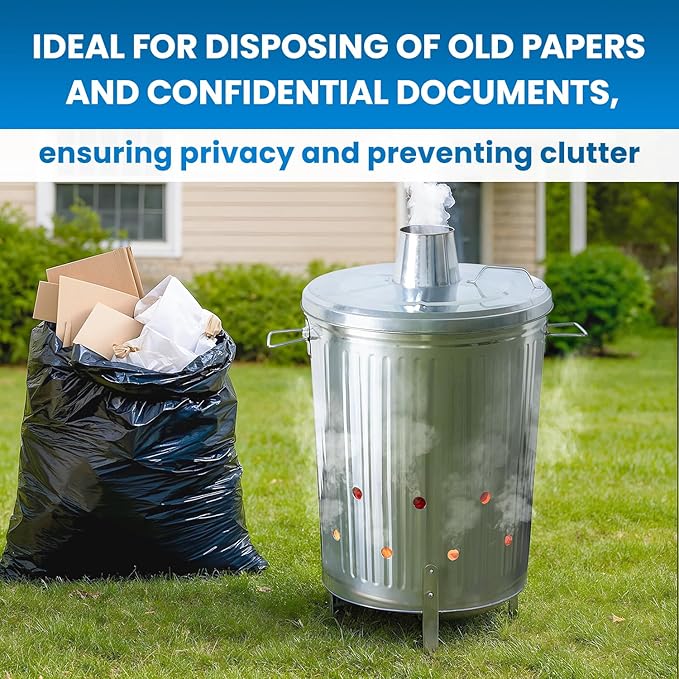 Plexon Metal Compost Bin Outdoor Burn Bin - Galvanized Trash Can with Lid Chimney and Vent Holes - Trash Burning Container Composter Incinerator for Garbage, 20 Gallon (Chimney Lid and Vent Holes)