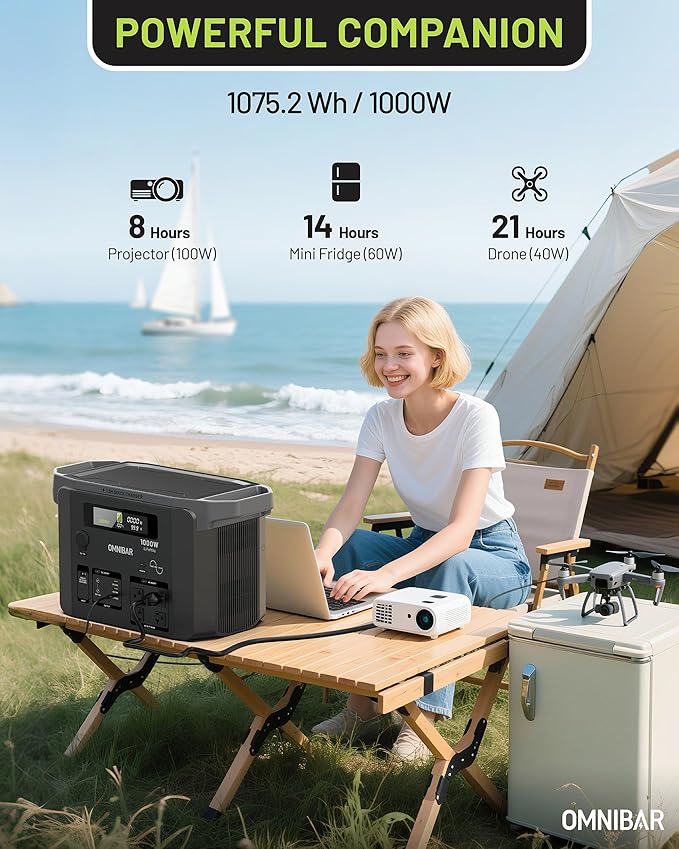 Portable Power Station 1000W (2000W Peak),1075Wh LiFePO4 Battery, 1000W AC/100W USB-C Output, 1.5 Hrs Fast Charge, Solar Generator for Home Backup Power, Outdoor Camping & RVs, Off-Grid Living