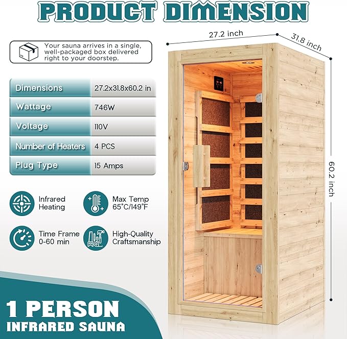 Albott Infrared Sauna 1 Person, Infrared Saunas for Home, 746W/110V Spruce Wood Dry Sauna with Foot Warmer, Easy Assembly – Compact Indoor Spa, 149℉ Fast Heating, LED Light, 27.2"x31.8"x60.2"