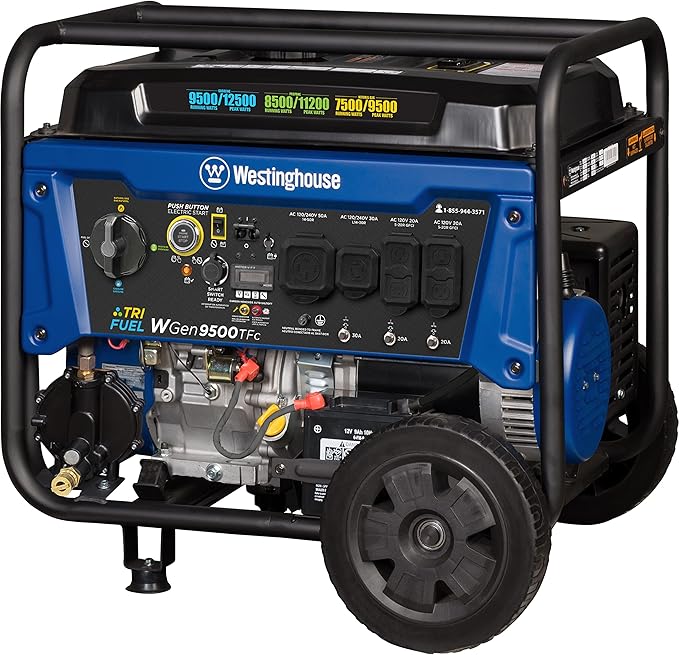 Westinghouse 12500 Peak Watt Tri-Fuel Home Backup Portable Generator, Remote Electric Start, Transfer Switch Ready, Gas, Propane, and Natural Gas Powered