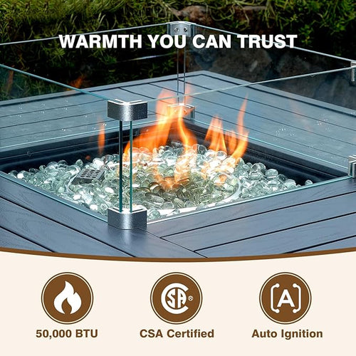 36 Inch Outdoor Propane Fire Pit Table 50,000 BTU – High Top Square Gas Fire Pit with Glass Wind Guard, Wicker Rattan Base for Patio & Backyard, Includes Rain Cover & Glass Beads