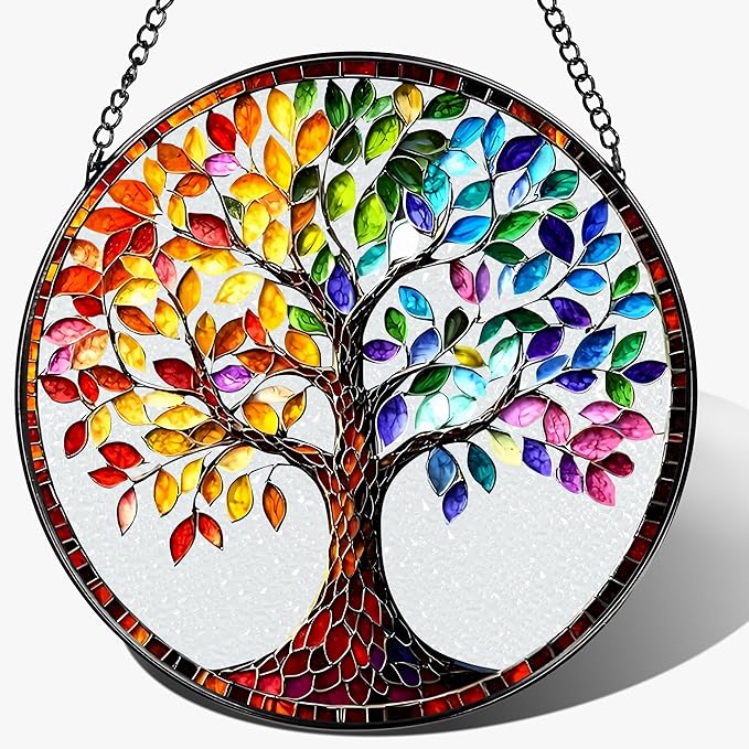 8'' Tree of Life Sun Catcher Ornament, Stained Glass Window Hanging, Suncatchers for Windows Hanging Ornaments, Window Decor | Housewarming Gift, Gifts for Mom & Grandma