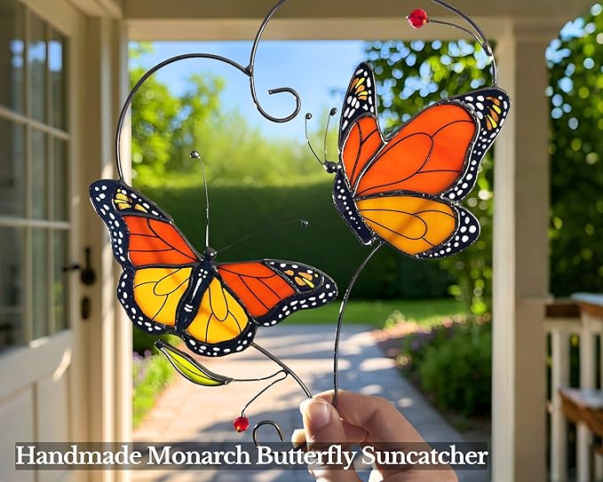 Monarch Butterfly (1 Pair) Stained Glass Suncatcher for Mom, Grandma, Women - Real Glass Window Hanging Ornament - Handmade Butterflies Home Decor (Gifts Ready Packaging)