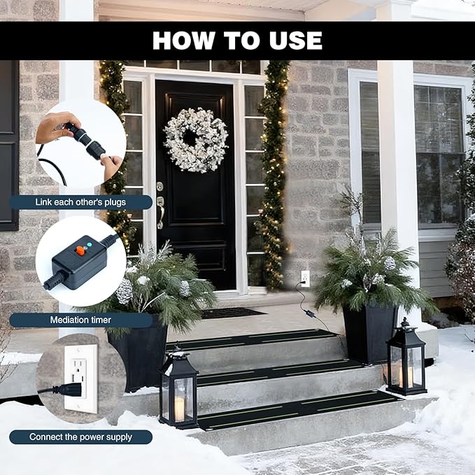 Heated Snow Melting Mats,Winter Stairs Outdoor Slip Non-Slip Rubber Heated Mats Outdoor with Reflective Strip for Driveway Walkway Decks and Sidewalks Connection,10x30in(3PCS)