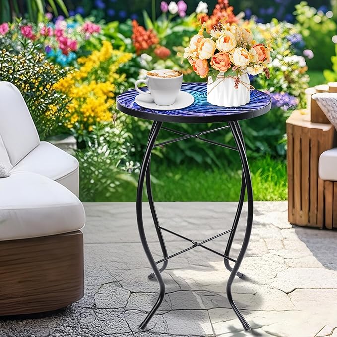 MUMTOP Outdoor End Tables for Patio, Deep Sea Round Side Table, Glass Accent Table for Outside, Garden, Balcony, Porch, Indoor Home Decor