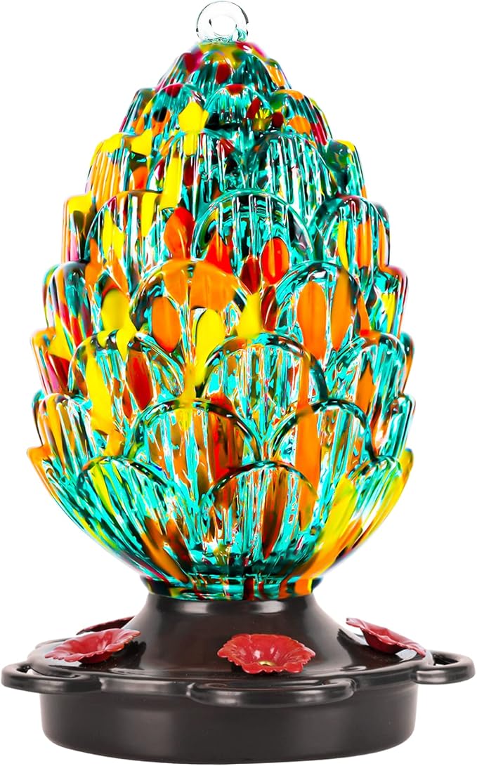 LUJII Pine Cone Shaped Hand Blown Glass Hummingbird Feeder for Outdoors Hanging, Rust Proof & Leak Proof, 25 fl.oz, Unique Gift for Women, Garden & Backyard Decor, Teal