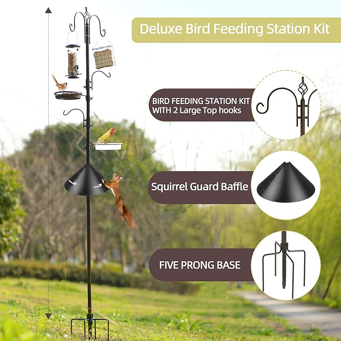 Deluxe Bird Feeding Station Kit - Wild Bird Feeder Hanging Pole With Multi Feeder, Suet Cage, Planter Hanger, and Squirrel Guard Baffle for Attracting Birds