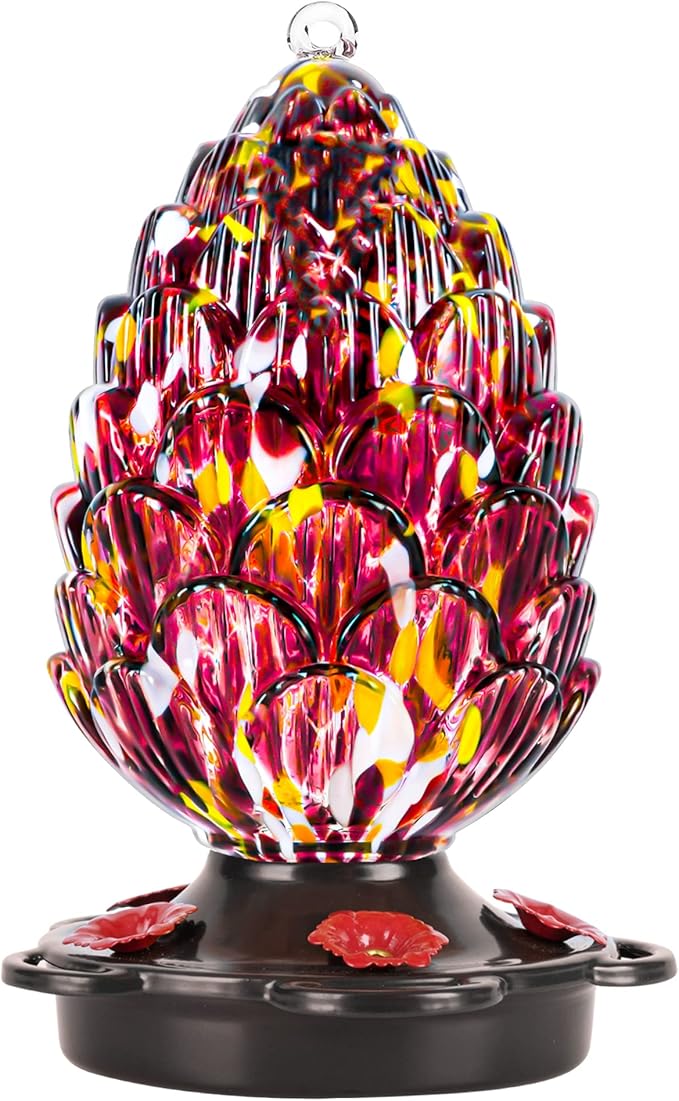 LUJII Pine Cone Shaped Hand Blown Glass Hummingbird Feeder for Outdoors Hanging, Rust Proof & Leak Proof, 25 fl.oz, Unique Gift for Bird Lover, Garden & Backyard Decor, Purple