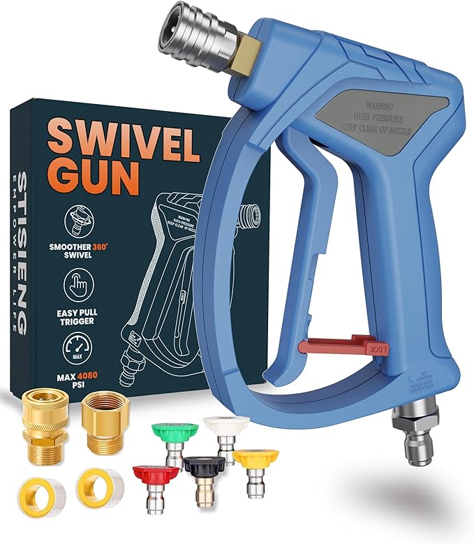 Short Pressure Washer Gun with 360° Swivel, High Pressure Stubby Power Washer Gun Kit with 5 Nozzle Tips, M22-14mm & 15mm Adapters, 3/8" QC for Car Wash Detailing & Cleaning (Blue)