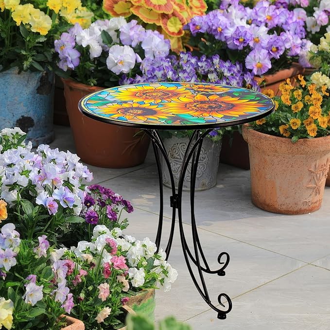 Sunflower Side Table Outdoor, 18 Inch Metal Accent Table, Indoor Small Round End Tables, Plant Stand Tables for Outside Yard Balcony Garden Bedside