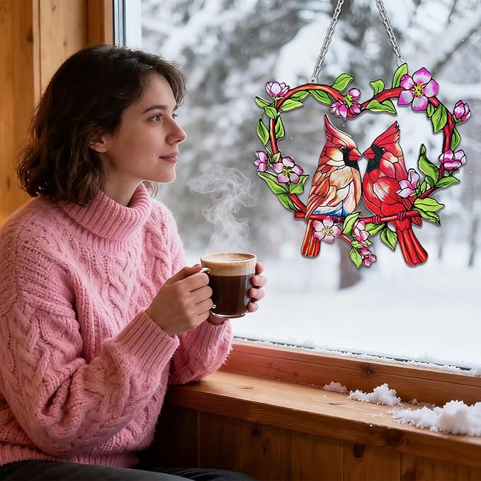 Stained Glass Window Hanging Cardinal Suncatcher,velaboll 10 inch Cardinal Decor for Home Decor, Garden, Patio, Gift for Nature and Bird Lovers