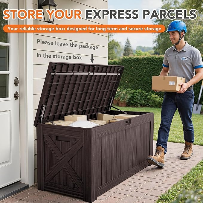 130 Gallon Deck Box Outdoor Indoor Waterproof Storage Box for Patio Furniture, Pool Accessories, Garden Tools, and Cushion Storage, Brown