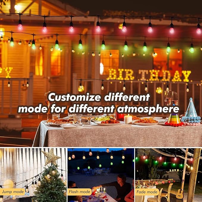 Auroraworld 48FT Solar RGB Outdoor String Lights, Dimmable Waterproof LED Patio Lights with Remote, 15 Shatterproof Bulbs for Garden Party Decor