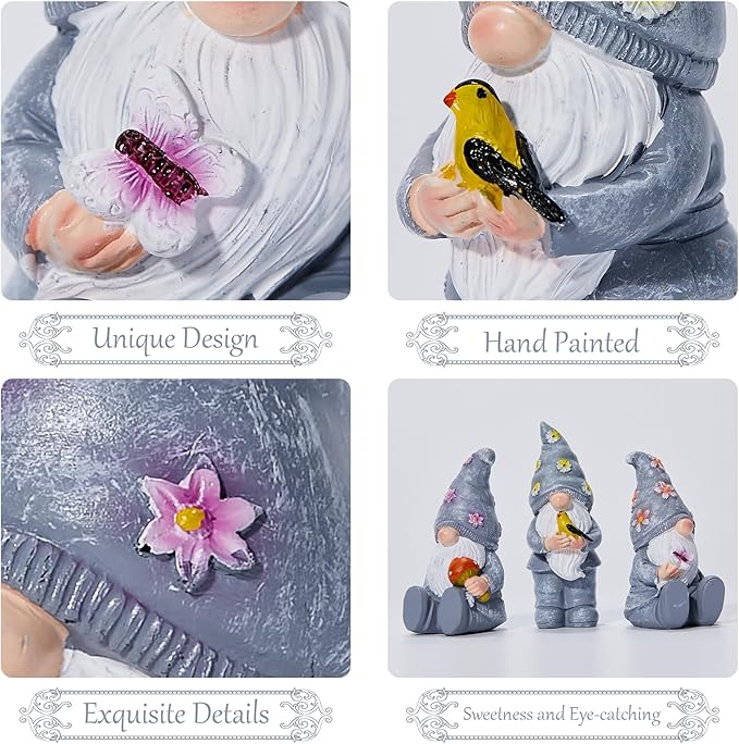 Artpaul 3 Pcs Gnomes Decorations Figurine Resin Statues,Cute Mushroom Bird Butterfly Gnomes for Home Table Shelf Gift Décor Accents (Grey)