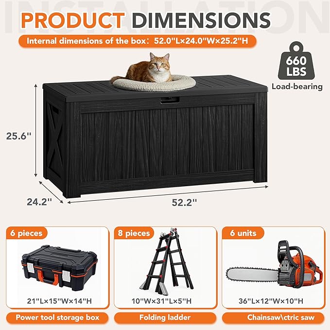 130 Gallon Deck Box Outdoor Indoor Waterproof Storage Box for Patio Furniture, Pool Accessories, Garden Tools, and Cushion Storage, Black