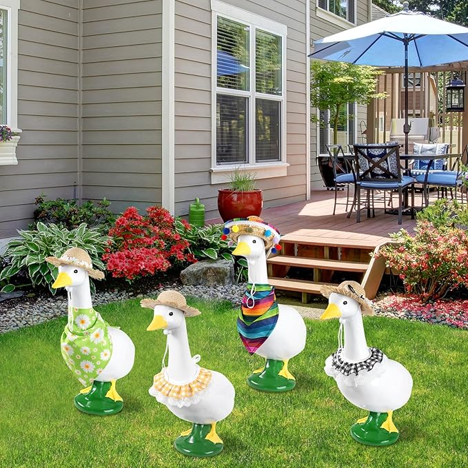 4 Set Porch Goose Outfits for 23"& 17" Goose Statue, Straw Hats & Bow Tie Porch Goose Cloth Set for Outdoor Yard, Garden and Lawn Patio Decor