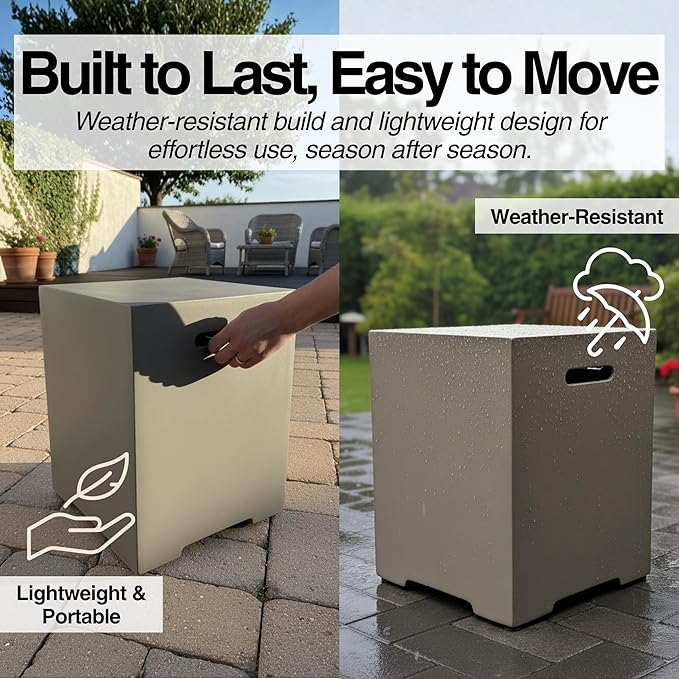 Propane Tank Cover Table for Fire Pits, 20 LB Concrete Propane Tank Holder with Side Handles, Outdoor Tank Storage Side Table for Patio, Gas Griddle, Aqua Grey