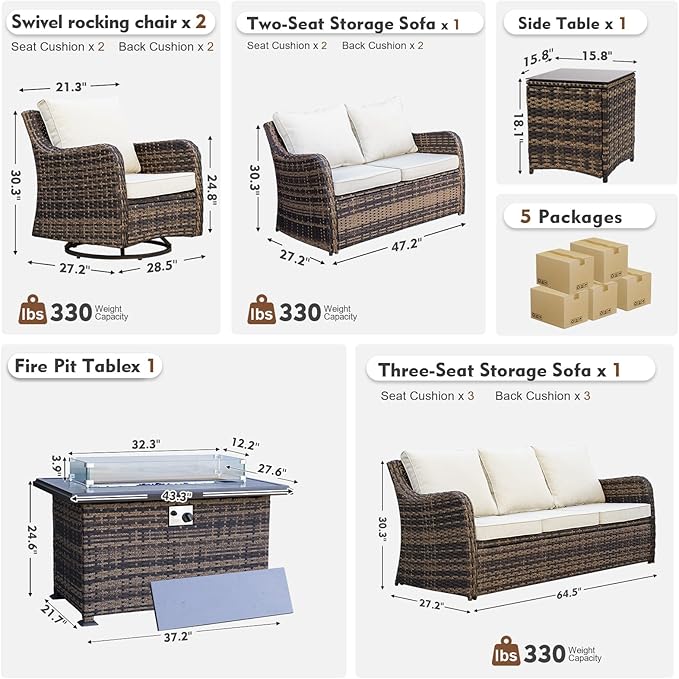 MEISSALIVVE 6 Pieces Patio Furniture Set with 43" Fire Pit Table, Wicker Patio Conversation Set with Swivel Rocking Chairs, Outdoor Patio Set for Lawn Backyard Porch (Brown)