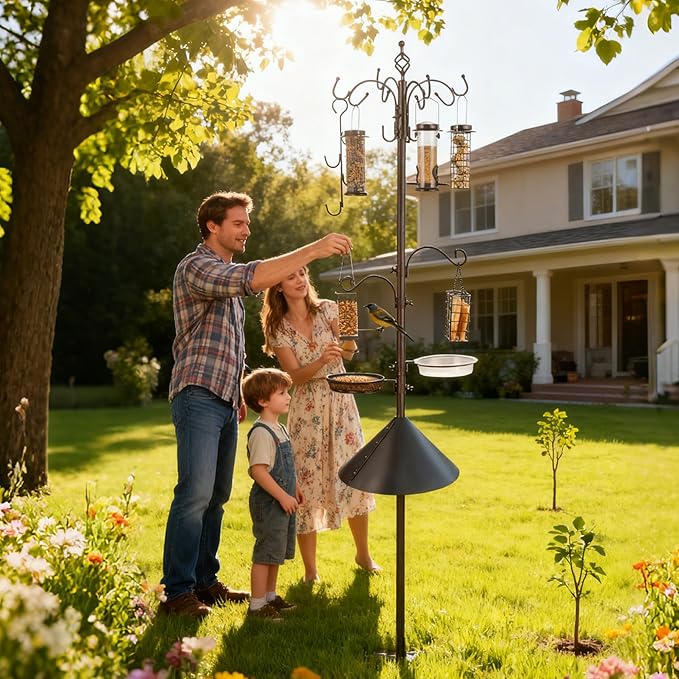 Bird Feeding Station Kit with Squirrel Baffle Bird Feeder Pole with Suet Cage Mesh Tray Fruit Hook Double W Hook for Attracting Wild Birds and Hanging Planter Hanger Lights