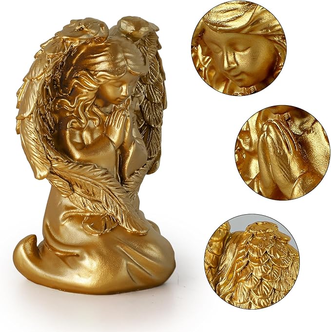 INLOMEM Praying Angel Figurine, Sculpted Hand-Painted Figurine Angel Wings Statue for Home Decor or Garden First Communion Gifts for Girls Religious Gifts for Women (Gold)