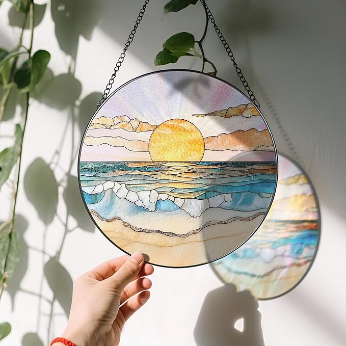 8'' Ocean Sunset Suncatcher Ornament, Stained Glass Window Hanging, Suncatchers for Windows Hanging Ornaments, Window Decor | Beach Lover Gift, Summer Vibes Gift, Gifts for Friends, Famliy