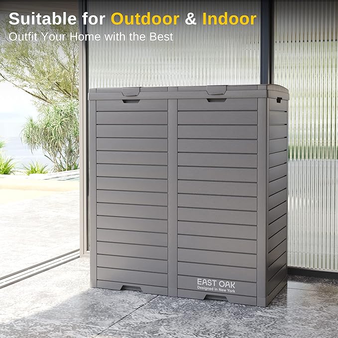 EAST OAK 62 Gallon Outdoor Trash Can, Waterproof Resin Garbage Can with Tiered Lid and Drip Tray, Outside Trash Bin for Patio, Backyard, Deck, Grey