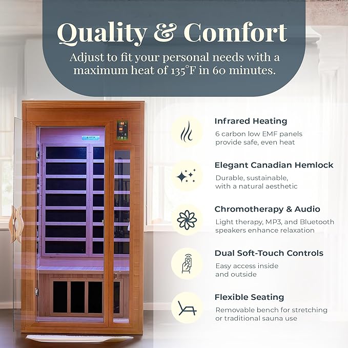 DYNAMIC SAUNAS Barcelona 1- to 2-Person Low EMF FAR Infrared Sauna with Red Light Therapy & Bluetooth Speakers | Personal Indoor Dry Heat Sauna for Home & Gym – Made from Canadian Hemlock