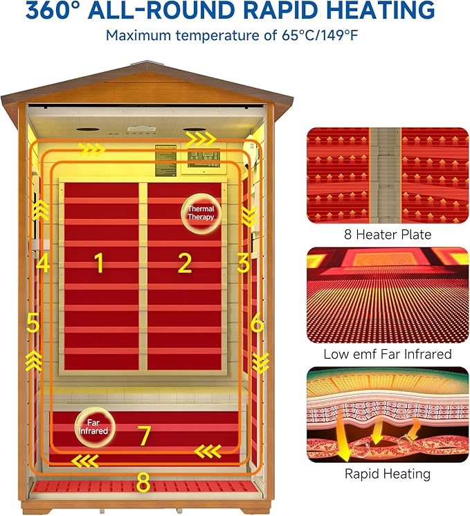 Outdoor Sauna 2 Person, Infrared Sauna for Home, Wooden Dry Saunas Room with Far Low EMF Lighting, Bluetooth Speakers, 7 Colors Chromotherapy for Outdoor Home Spa