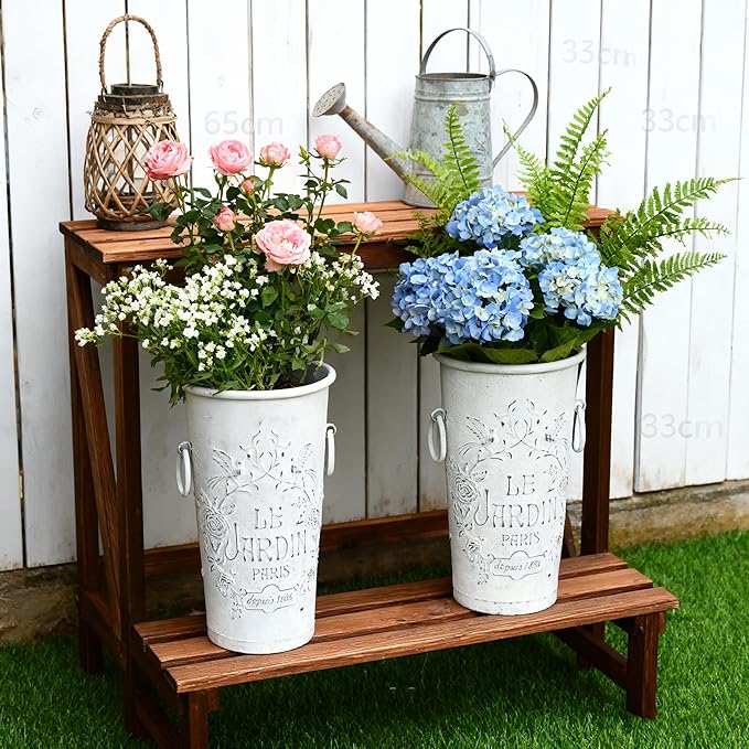 Set of 2 Distressed White Metal Flower Pots - Le Jardin Paris 14" Vintage Planters, Decorative Round Plants Buckets for Indoor/Outdoor Garden Patio Decor