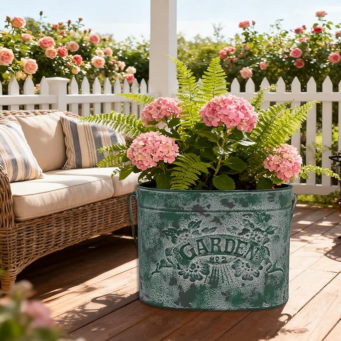 Vintage Distressed Green Metal Planter Pot with Handles, Garden No.2 Embossed Design, Rustic Farmhouse Flower Bucket for Indoor Outdoor Gardening, Succulents, Herbs, Home Decor