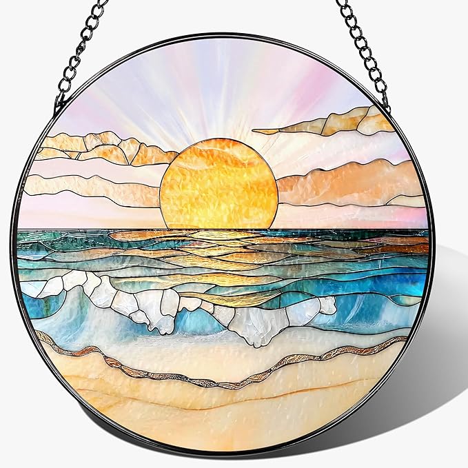 8'' Ocean Sunset Suncatcher Ornament, Stained Glass Window Hanging, Suncatchers for Windows Hanging Ornaments, Window Decor | Beach Lover Gift, Summer Vibes Gift, Gifts for Friends, Famliy