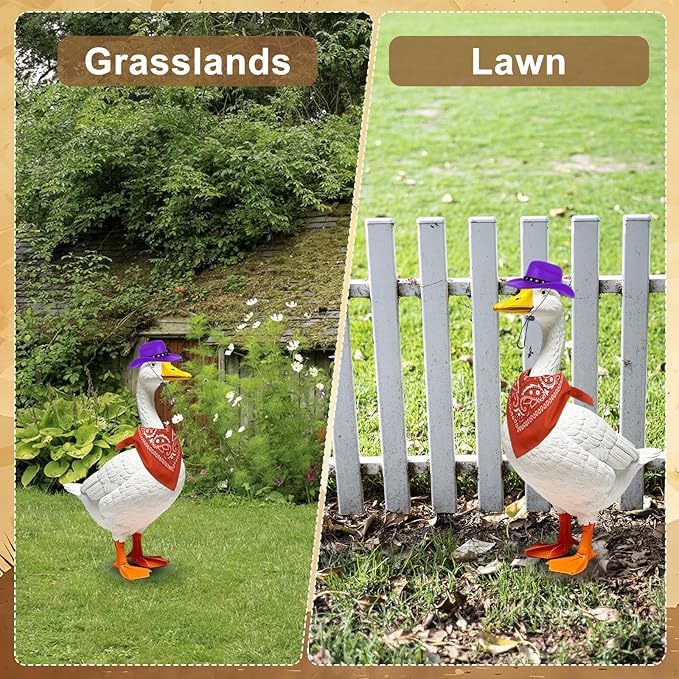 Porch Goose Outfits Halloween Western Cowboy Style, Lawn Cement Goose Clothes Outfits for Cement Goose Includes Adjustable Cowboy Hat and Scarf for 23/17″ Outdoor Statue(Purple)