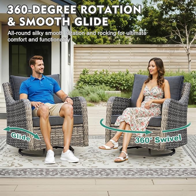MEISSALIVVE 9 Pieces Patio Furniture Set with 43" Fire Pit Table, Wicker Patio Conversation Set with Swivel Rocking Chairs, Outdoor Patio Set for Lawn Backyard Porch (Grey)