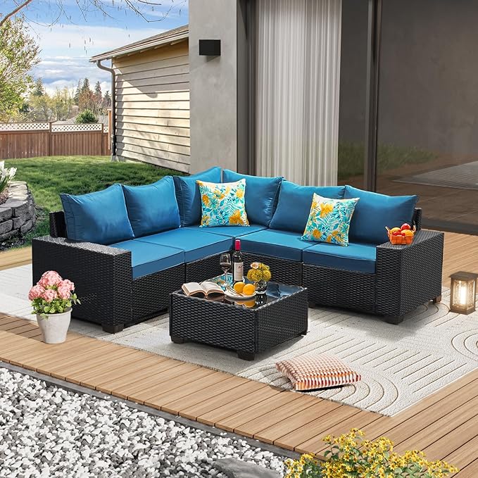 6 Pieces Patio Furniture Set All-Weather Outdoor Wicker Sectional Conversation Sofa Rattan Patio Seating Sofa with Cushion and Glass Table for Porch Poolside,Peacock Blue