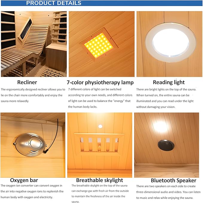 ZONEMEL Full Spectrum Infrared 2 Person Wooden Sauna Room with Recliner, Red Cedar Luxury Indoor Sauna with 10 Heaters, Oxygen Bar, Lights, 3400 Watt, Infrared Therapy Wood Dry Heat Sauna, 220V